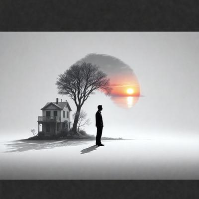 The primary subject of the image is a man standing in front of a house. The setting is a snowy landscape, with a tree and a sunset in the background. The visual style is a combination of photo and digital art, creating a surreal and artistic atmosphere. The colors are predominantly white and gray, with the sunset adding a touch of warmth to the scene.